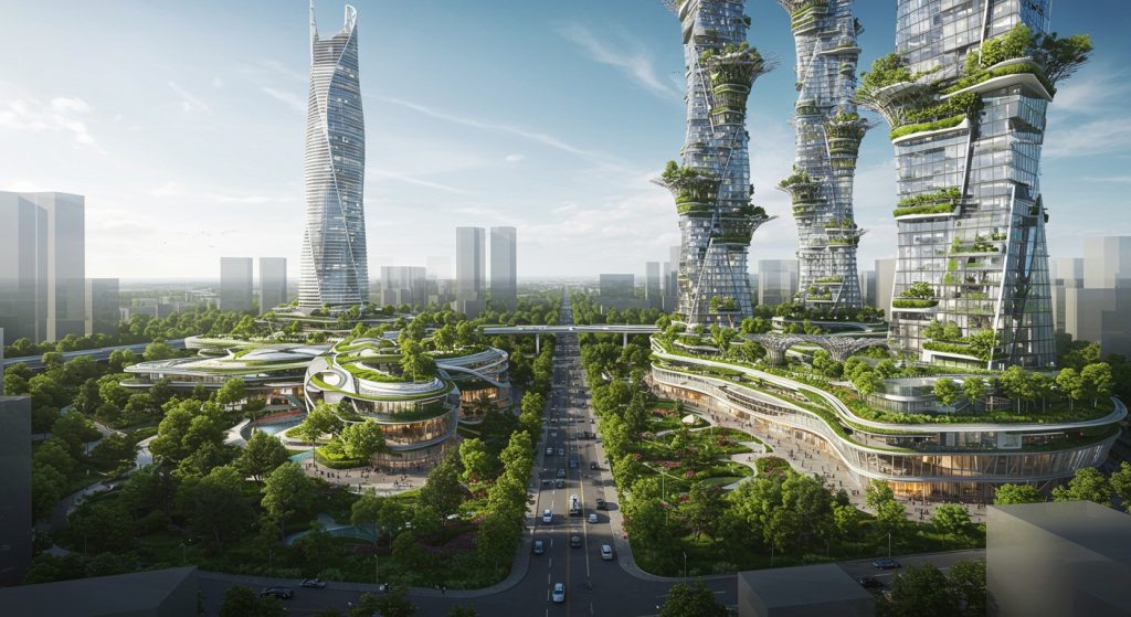 Eine moderne Stadt mit Hochhäusern, Straßen und viel Grün.