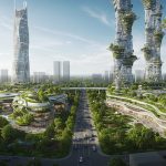 Eine moderne Stadt mit Hochhäusern, Straßen und viel Grün.