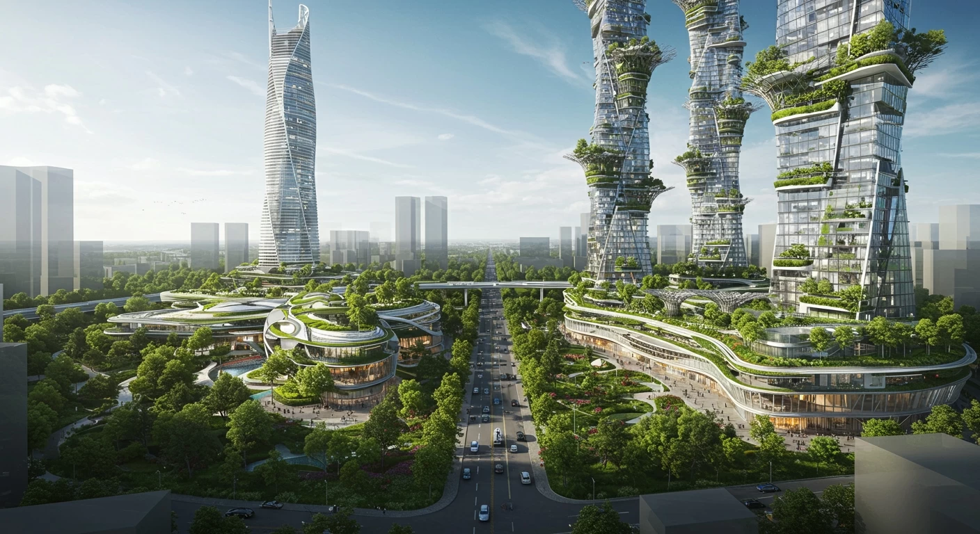 Eine moderne Stadt mit Hochhäusern, Straßen und viel Grün.